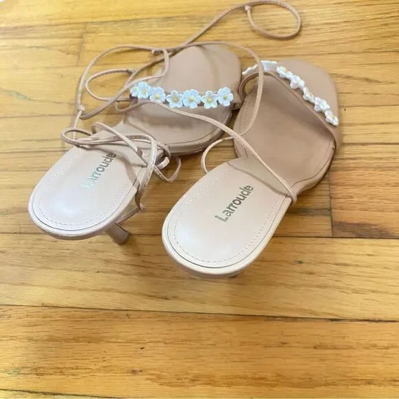Larroude Goldie Sandals high heels shoes Tan Leather lace up flowers Sz 8.5 - Picture 15 of 15